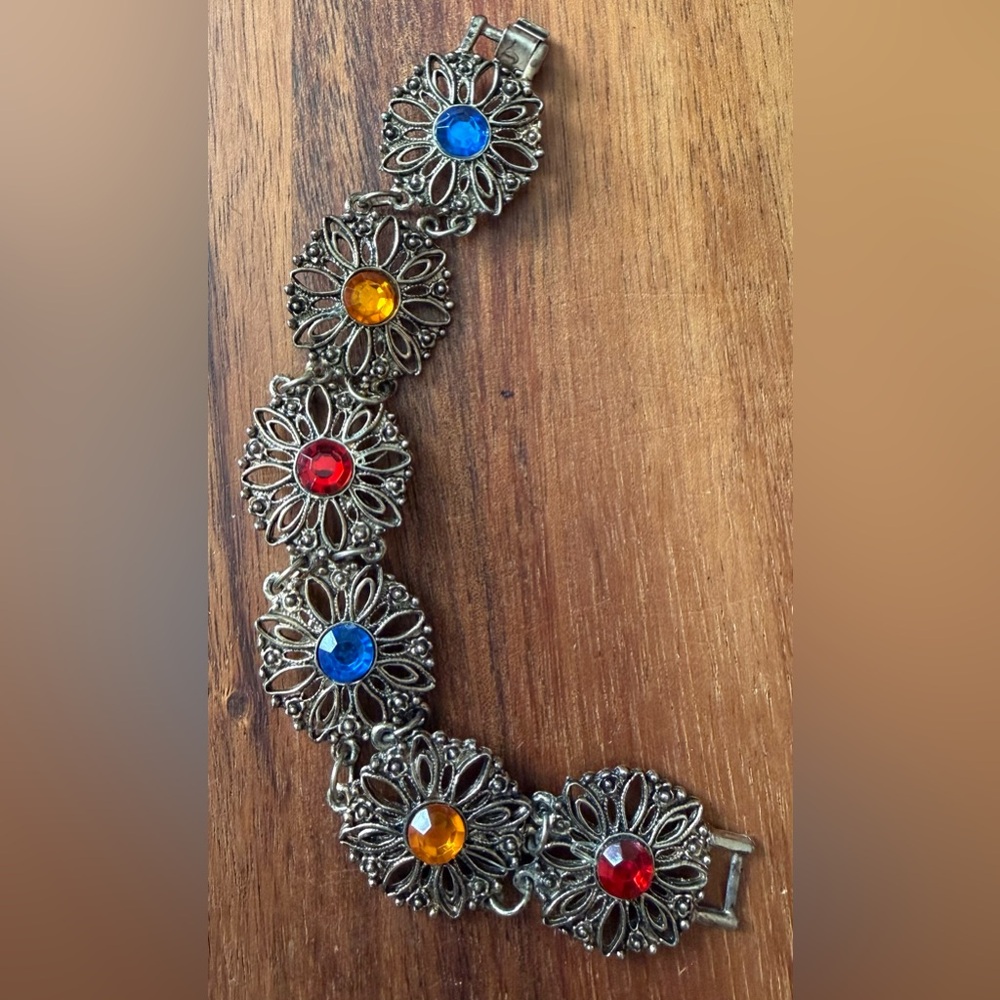Vintage Multicolor Floral Bracelet - Silver Tone with Blue, Red, Amber Stones